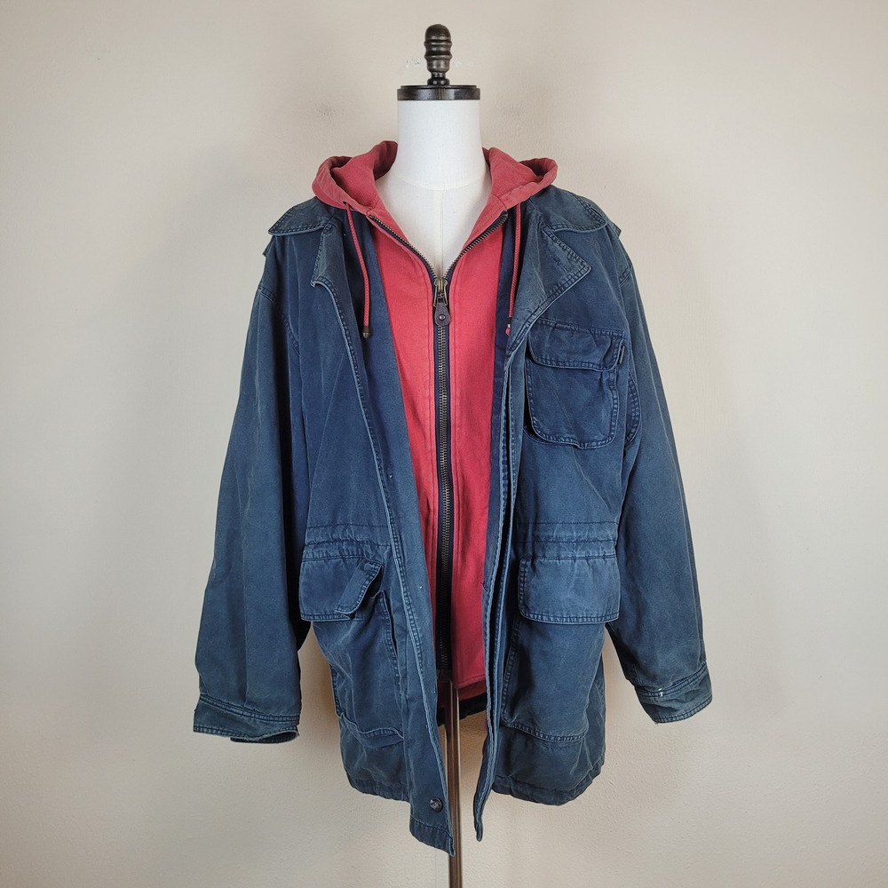 VTG Guess Classics Jacket Mens XL Blue Red Hooded Cotton Utility 90s Oversized